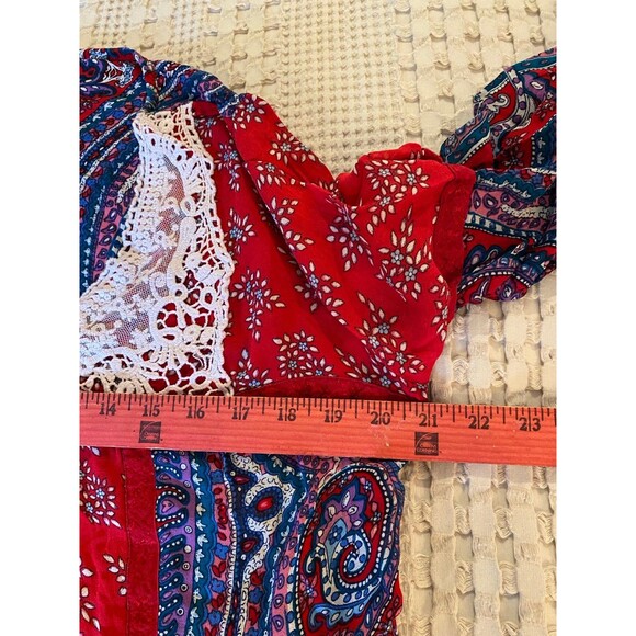 Bila Red Blue Paisley Boho Peasant Lacey Size Large Colorful Sheer Casual Top - Picture 11 of 12